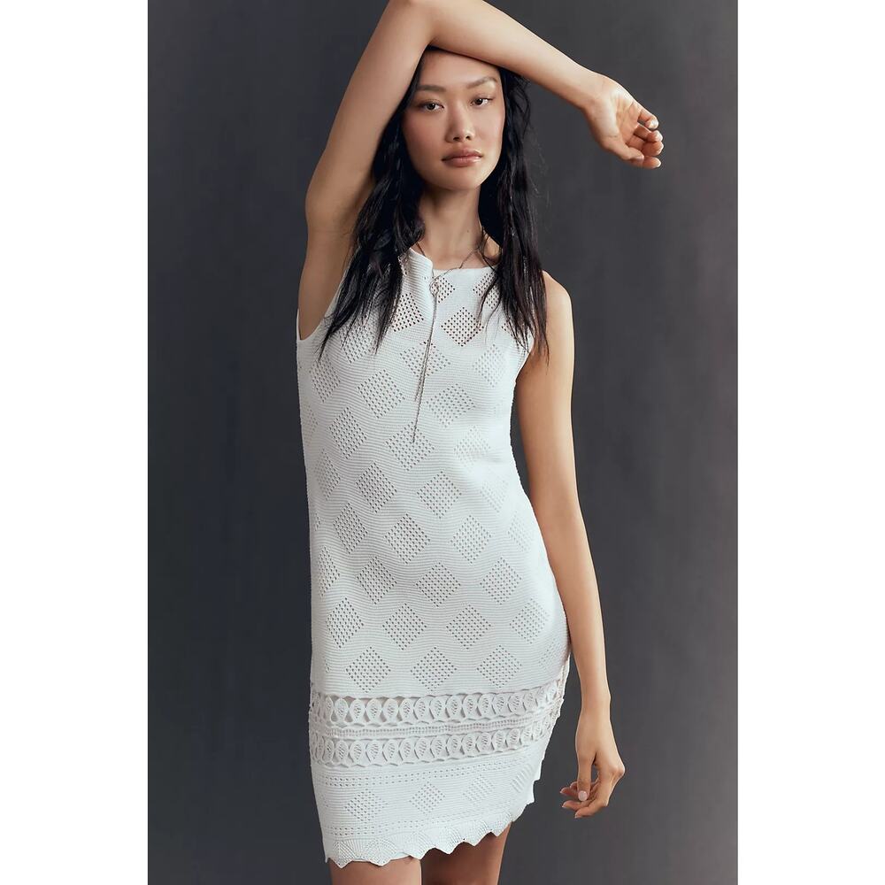 NWT Anthropologie Sleeveless Crochet Boat-Neck Mini Shift Dress $198 LARGE White